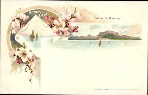 Litho Capri Neapel Campania, Segelboote, Inselblick