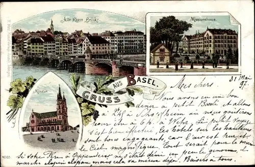 Litho Bâle Basel Stadt Schweiz, Rheinbrücke, Missionshaus, Münster