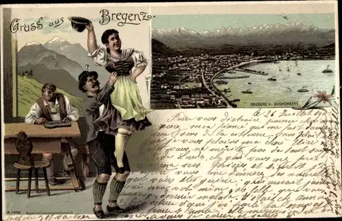 Litho Bregenz in Vorarlberg, Blick vom Buchenberg, Frau in Volkstracht