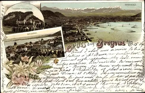 Litho Bregenz am Bodensee Vorarlberg, Panorama, Stadtbild, Kloster Riedenburg