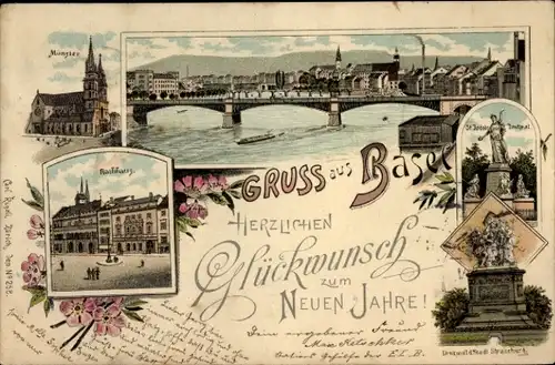 Litho Basel Bâle Stadt Schweiz, Münster, Rathaus, Denkmal, Brücke