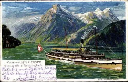 Künstler Litho Kanton Uri, Tellskapelle am Vierwaldstättersee, Salondampfer