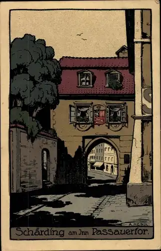 Steindruck Künstler Ak Heindl. A., Schärding am Inn Oberösterreich, Passauer Tor