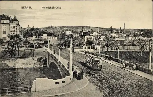 Ak Gera in Thüringen, Heinrichsbrücke, Straßenbahn