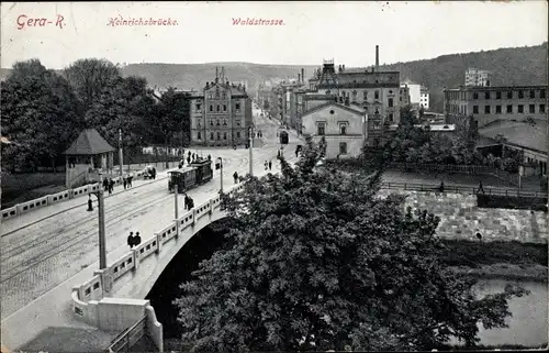 Ak Gera in Thüringen, Heinrichsbrücke, Waldstraße, Straßenbahn