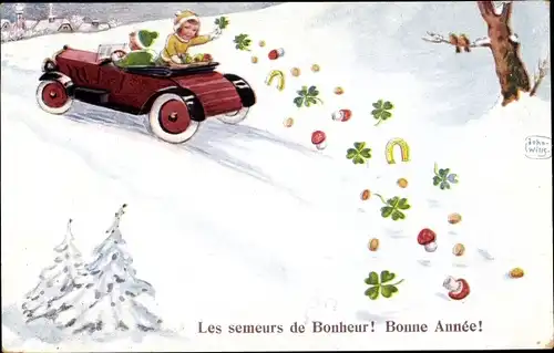 Künstler Ak Wills, John, Kinder verteilen Geschenke, Auto