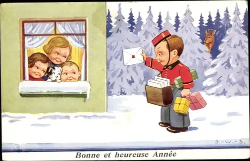 Künstler Ak Wills, John, Neujahr, Briefträger, Kinder im Haus, Geschenke