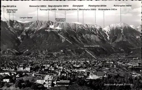 Ak Innsbruck in Tirol, Panorama gegen Norden, Frau Hitt, Sattelspitzen, Langer Sattel, Kemmacher