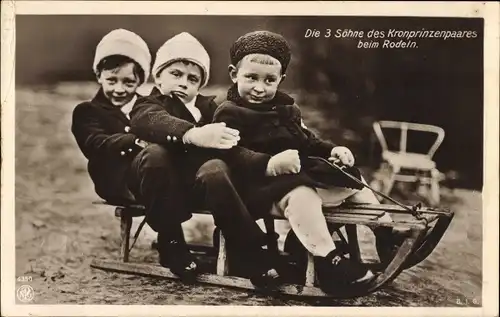 Ak Drei Söhne des Kronprinzenpaares beim Rodeln, Prinz Wilhelm v. Preußen, Louis Ferdinand, Hubertus