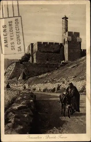 Ak Jerusalem Israel, Davidsturm, Einheimischer mit Esel