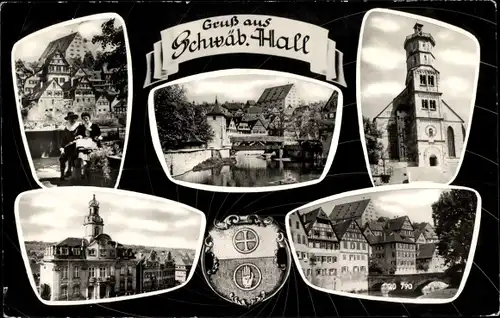 Ak Schwäbisch Hall in Württemberg, Kirche, Wappen, Fachwerkhäuser