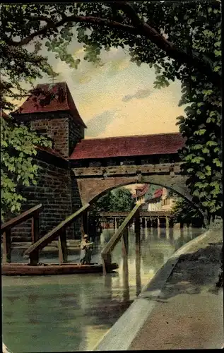 Ak Nürnberg, Pegnitz-Einfluss, Agnesbrücke, Kasematten Tor, Boot