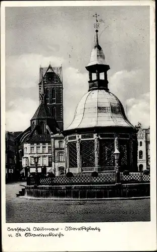 Ak Hansestadt Wismar, Marktplatz, St. Marienkirche, Wasserkunst