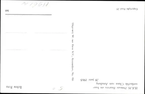 Ak Prinzessin Beatrix der Niederlande, Claus von Amsberg, 28. Juni 1965