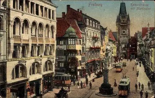 Ak Freiburg im Breisgau, Kaiserstraße, Martinstor, Straßenbahn