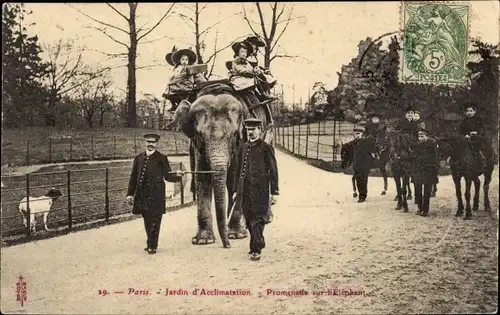 Ak Paris XVI Passy, Jardin d’Acclimatation, Spaziergang auf dem Elefanten