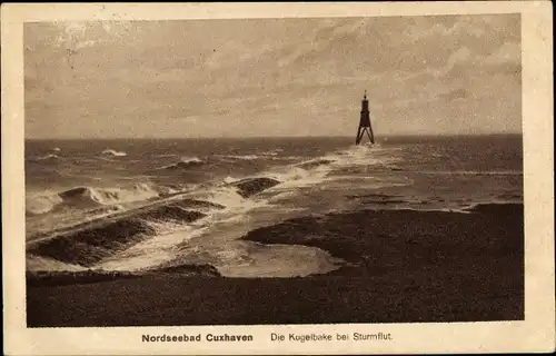 Ak Nordseebad Cuxhaven, Kugelbake bei Sturmflut