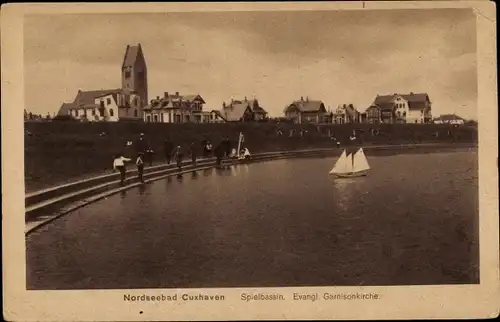 Ak Nordseebad Cuxhaven, Spielbassin, Evangl. Garnisonkirche