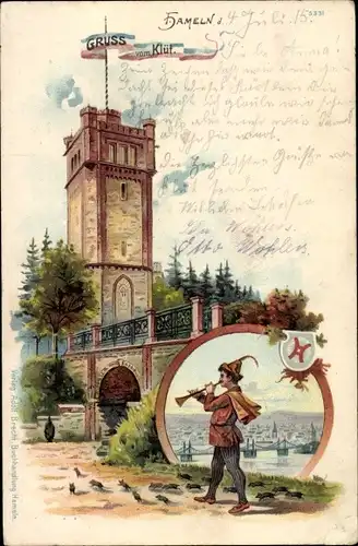 Wappen Litho Hameln in Niedersachsen, Blick auf den Klütturm, Rattenfänger