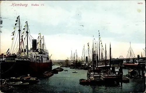 Ak Hamburg Mitte, Blick in den Hafen, Dampfschiff Pennsylvania HAPAG, Schlepper Fairplay II