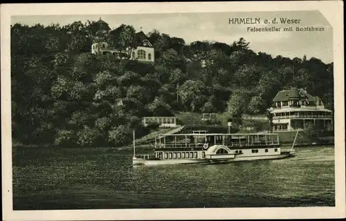 Ak Hameln an der Weser Niedersachsen, Felsenkeller, Bootshaus, Schiff