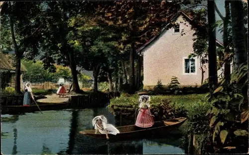 Ak Leipe Lübbenau Spreewald, Frauen in Trachten, Boot, Gondeln, Kanal