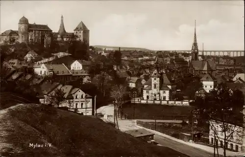 Ak Mylau im Vogtland, Totalansicht, Kaiserschloss, Göltzschtalbrücke