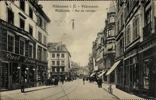 Ak Mulhouse Mülhausen Elsass Haut Rhin, Wildemannstraße, Rue du sauvage, Geschäft Carl Giera