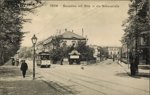 Ak Trier an der Mosel, Nordallee mit Blick in die Göbenstraße, Straßenbahn