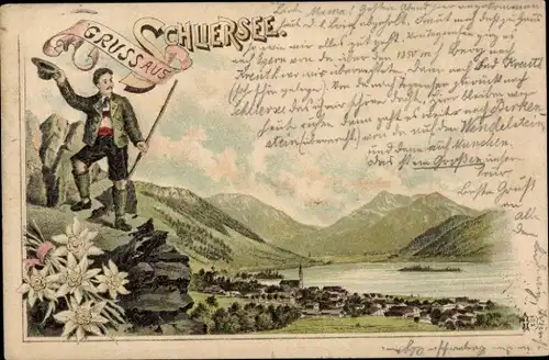 Litho Schliersee, Panorama vom Ort und Blick über den See zum Gebirge