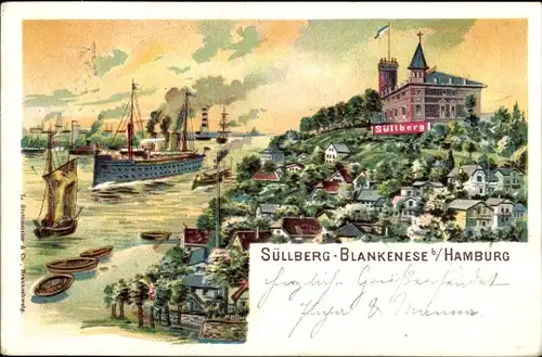 Litho Hamburg Altona Blankenese, Süllberg, Schiff