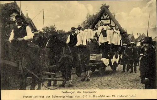 Ak Hamburg Wandsbek Bramfeld, Hundertjahrfeier der Befreiungskriege 1913, Festwagen, Feuerwehr