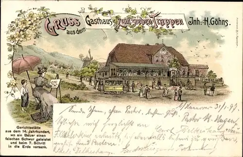 Litho Ronnenberg in Niedersachsen, Benther Berg, Gasthaus Zum sieben Trappen, Malerin, Straßenbahn