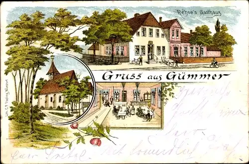 Litho Gümmer Seelze in Niedersachsen, Rehse's Gasthaus, Kirche