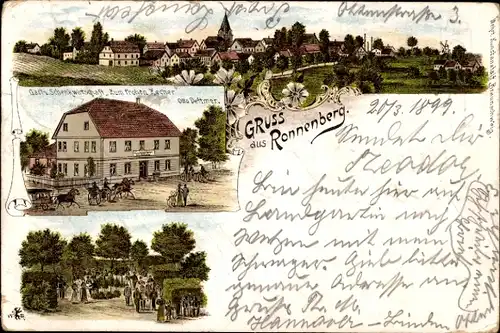 Litho Ronnenberg in Niedersachsen, Gastwirtschaft Zum frohen Zecher, Garten, Panorama