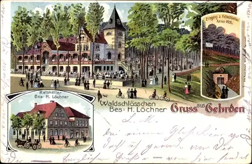 Litho Gehrden Niedersachsen, Waldschlösschen, Bes. H. Löchner, Ratskeller, Eingang zum Felsenkeller