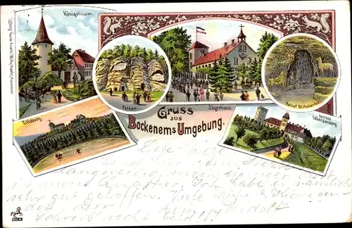 Litho Bockenem am Harz, Königsturm, Tillsburg, Jägerhaus, Schloss Wohldenberg