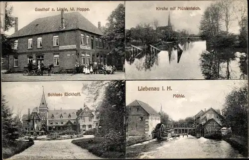 Ak Liebenau an der Weser, Gasthof zur Linde, Kirche, Mühlenteich, Schloss Eickhoff, Mühle