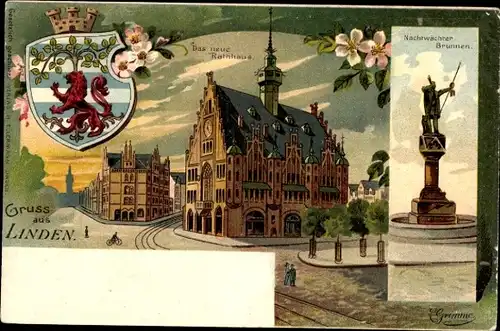 Künstler Wappen Litho Grimme, Linden Hannover in Niedersachsen, Neues Rathaus, Nachwächter-Brunnen