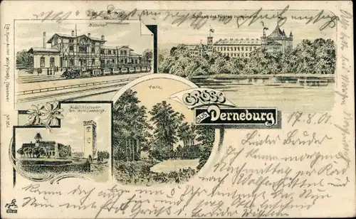 Litho Derneburg Holle in Niedersachsen, Schloss des Fürstes zu Münster, Bahnhof, Gleisseite