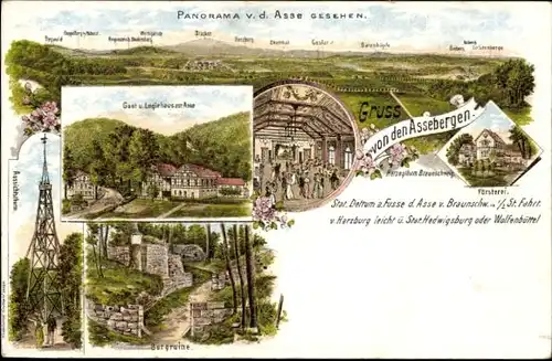 Litho Dettum Niedersachsen, Gruß von den Assebergen, Försterei, Gasthaus zur Asse, Burgruine