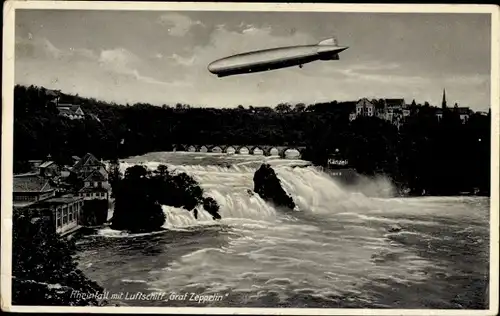 Ak Luftschiff Graf Zeppelin über dem Rheinfall, Brücke