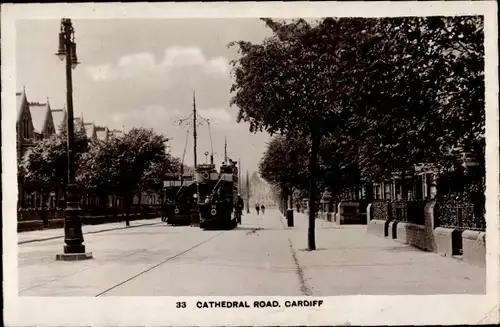 Ak Cardiff Wales, Cathedral Road, Straßenbahn