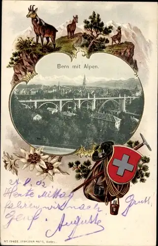 Präge Wappen Passepartout Ak Bern Stadt Schweiz, Panorama, Alpen, Brücke