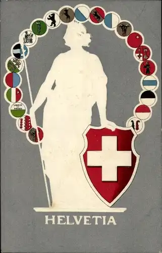 Präge Wappen Ak Helvetia, Schweiz, Nationalallegorie, Kantonswappen