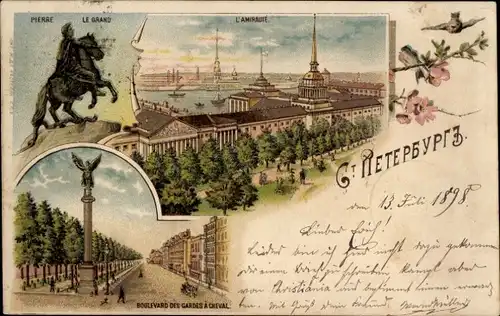 Litho Sankt Petersburg Russland, Admiralität, Der eherne Reiter, Boulevard