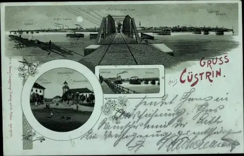 Mondschein Litho Kostrzyn nad Odrą Cüstrin Küstrin Ostbrandenburg, Brücke, Schloss