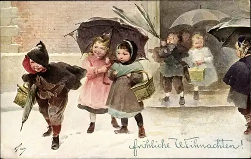 Künstler Ak Glückwunsch Weihnachten, Kinder, Regenschirme, Schnee