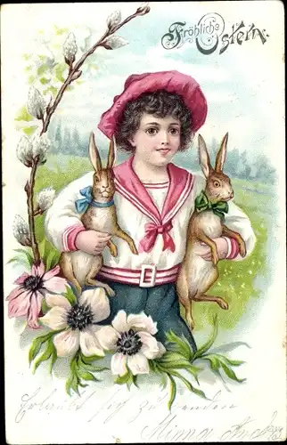 Litho Glückwunsch Ostern, Junge, Osterhasen, Weidenkätzchen