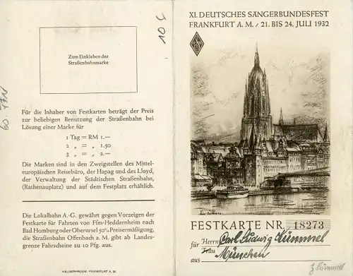 Klapp Festkarte Frankfurt am Main, XI. Deutsches Sängerbundesfest 1932